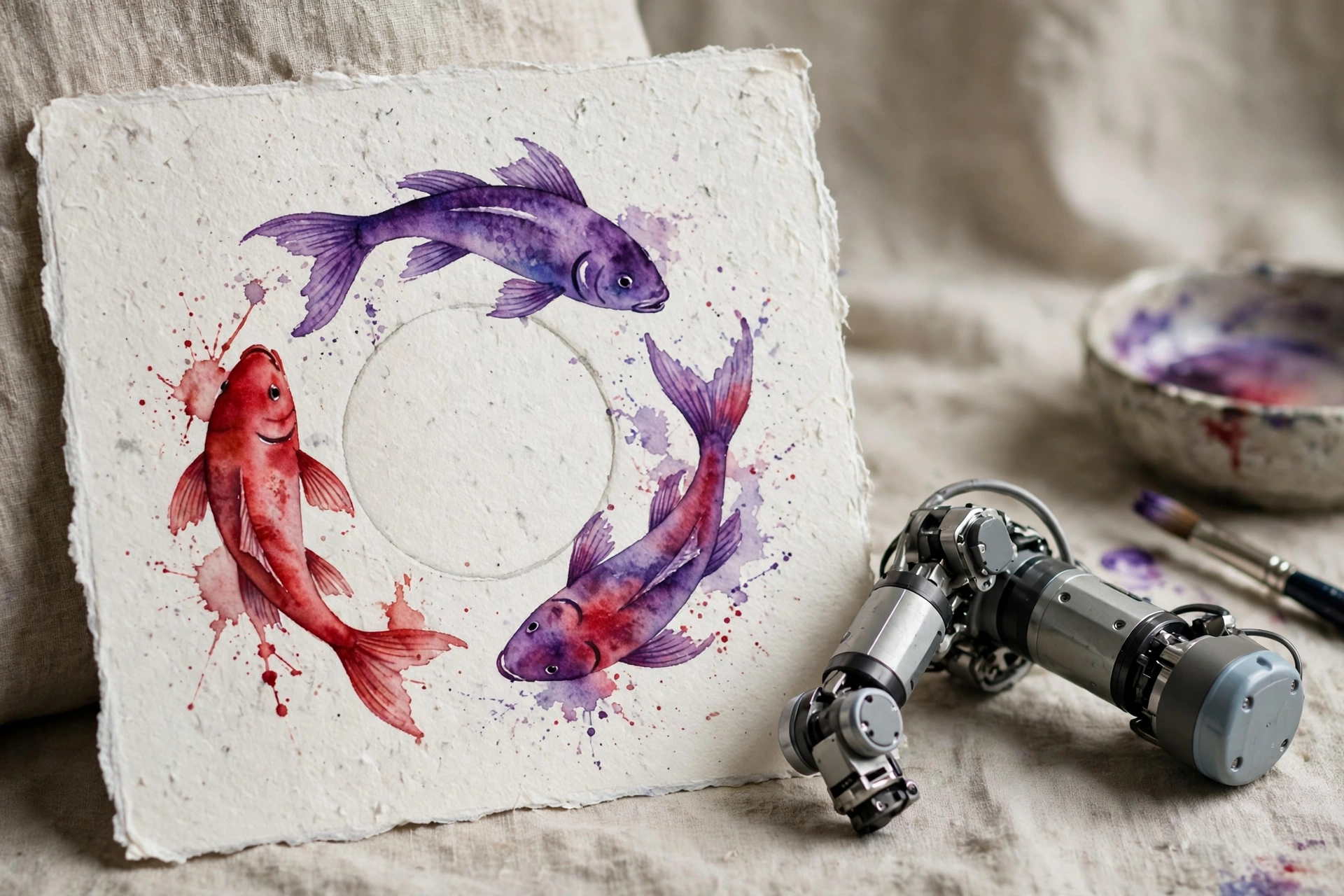 The finished watercolour of three fish circling an empty centre, with a small robot arm resting beside the paper