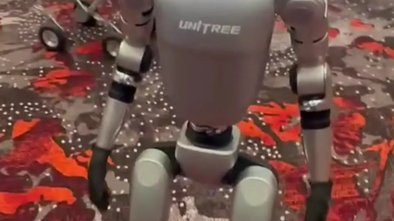 A Unitree G1 humanoid robot standing at a UAV expo