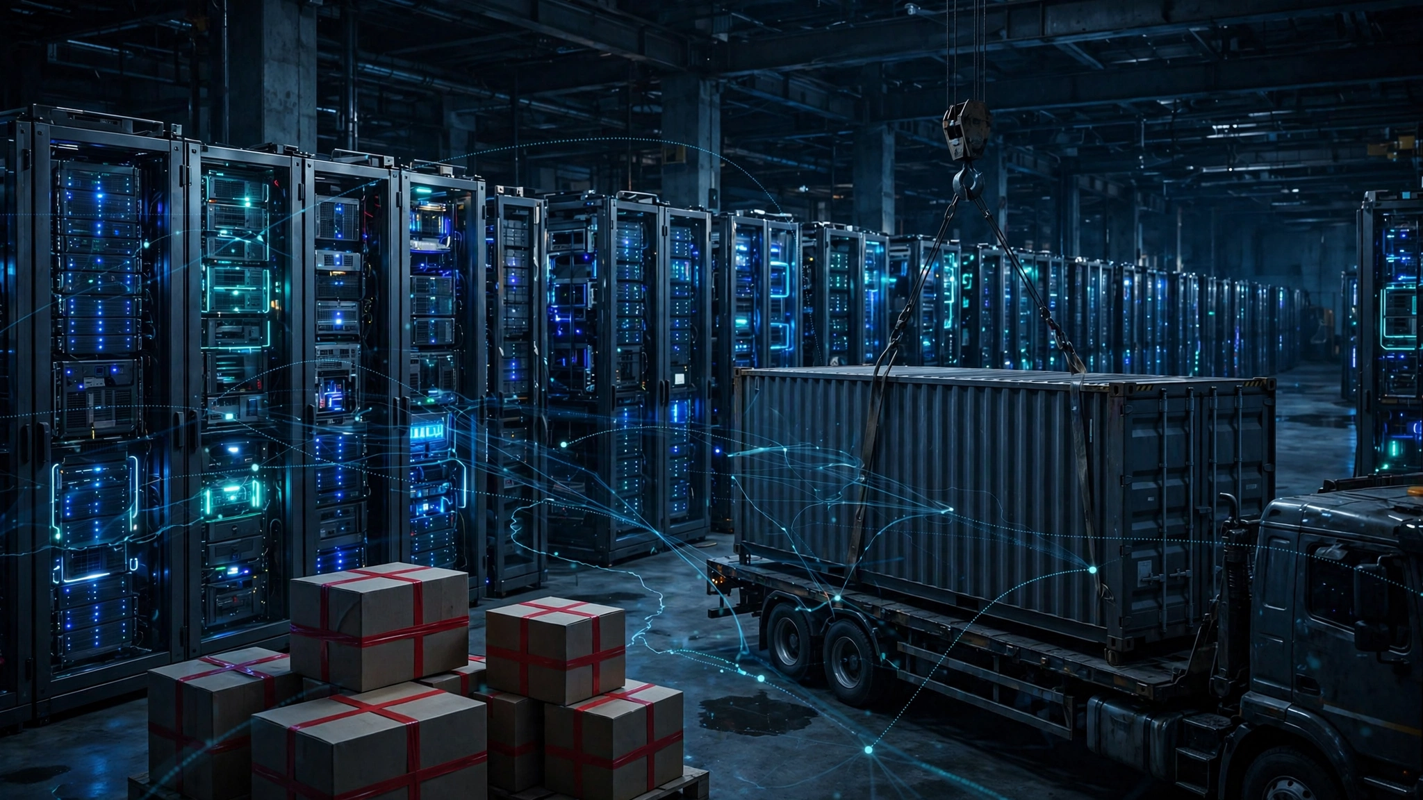 Editorial illustration of glowing AI server racks and sealed freight containers staged for shipment in a dark warehouse