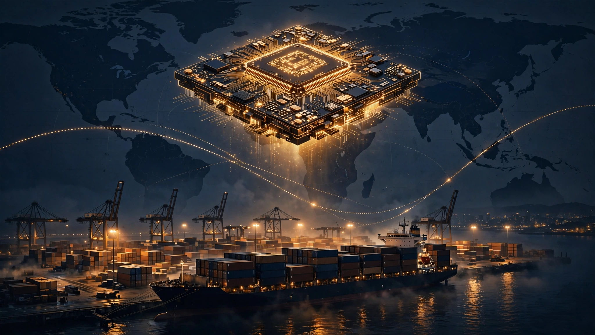 Editorial illustration of a container ship with a glowing AI processor and shipping routes arcing from the US through Southeast Asia to China