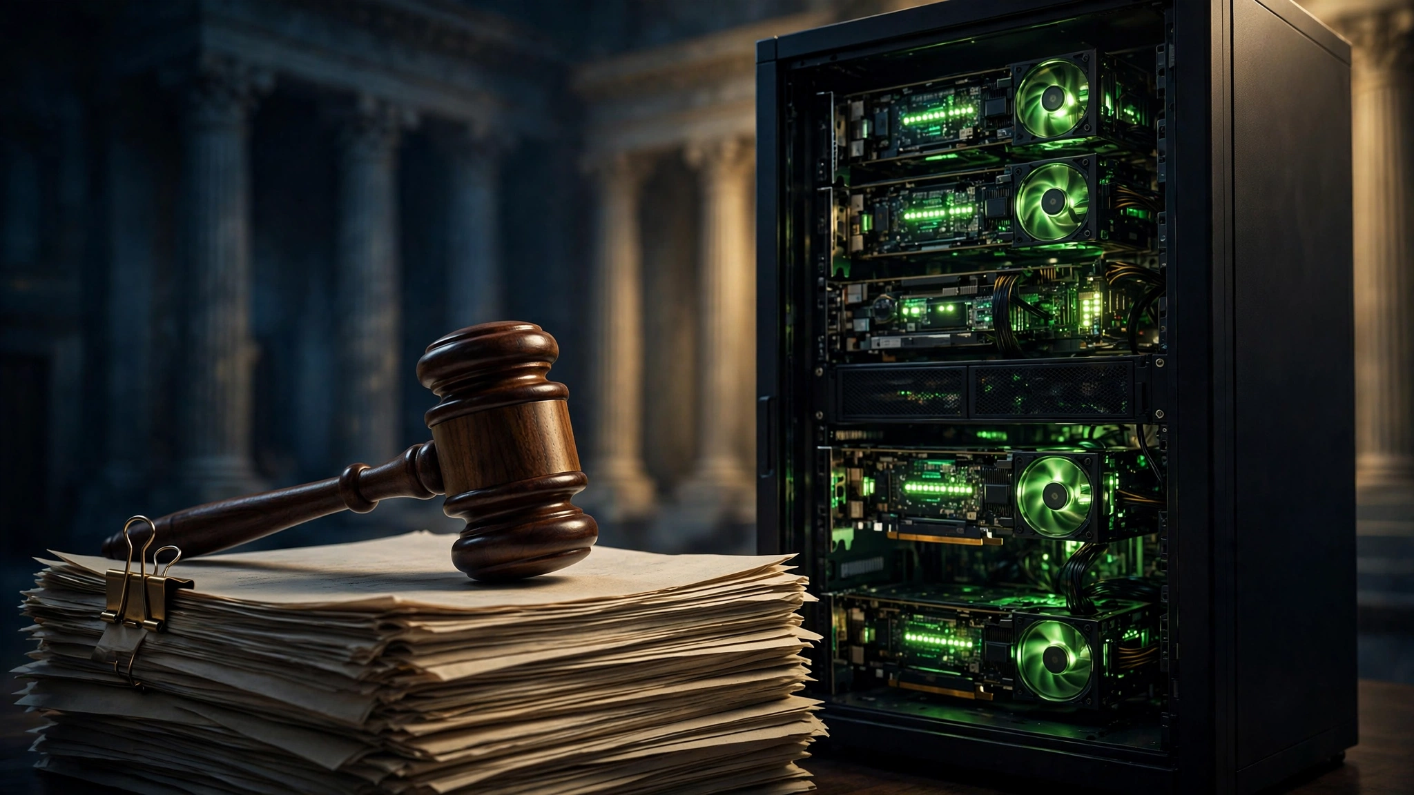 Editorial illustration of a judge's gavel on export-control documents beside a server rack of glowing AI processors