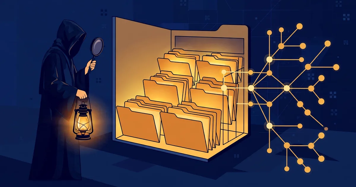 Illustration of a hooded figure with a lantern and magnifying lens inspecting glowing folders and a branching diagram of a code repository