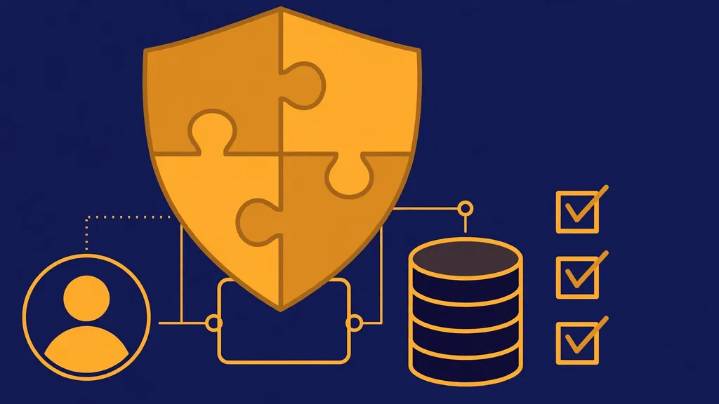 Diagram: a puzzle-piece shield stands between a user and a database, with a checklist of verified items beside it