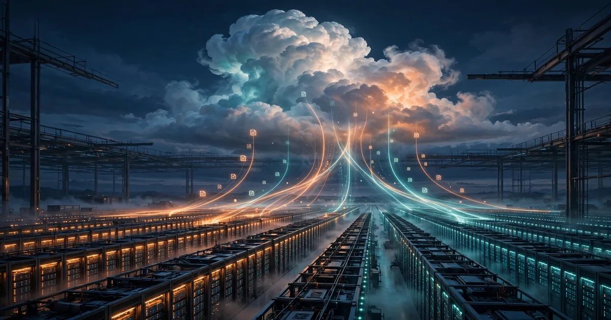Illustration of a cloud data center with streams of data flowing into a glowing cloud.