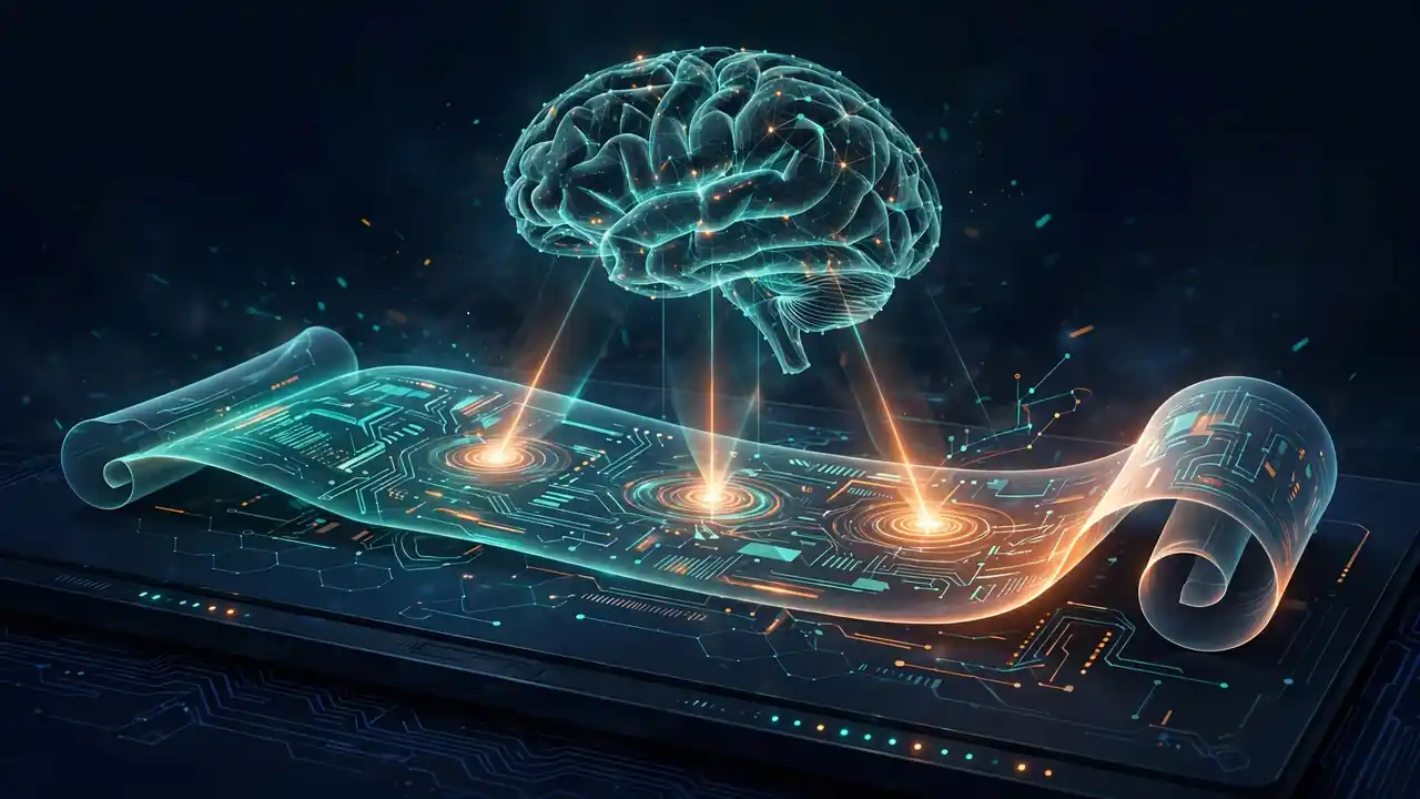 Illustration of a long document being checked by a neural mesh, representing self-verification.