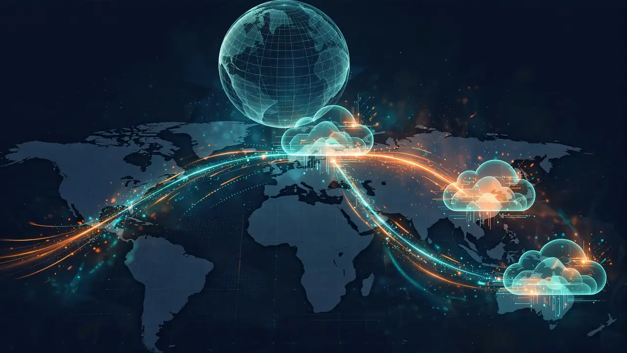 Illustration of a wireframe globe with data routes between regions.