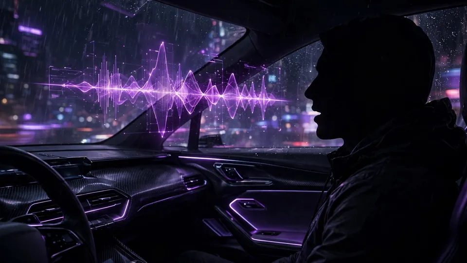 Driver speaking hands-free with a holographic voice assistant in a futuristic car