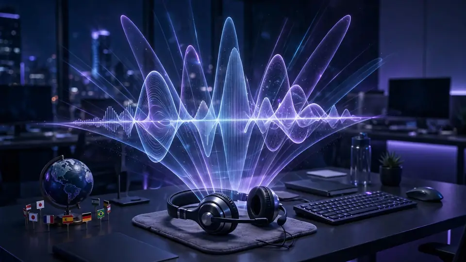 Call center desk with an AI soundwave hologram above a headset