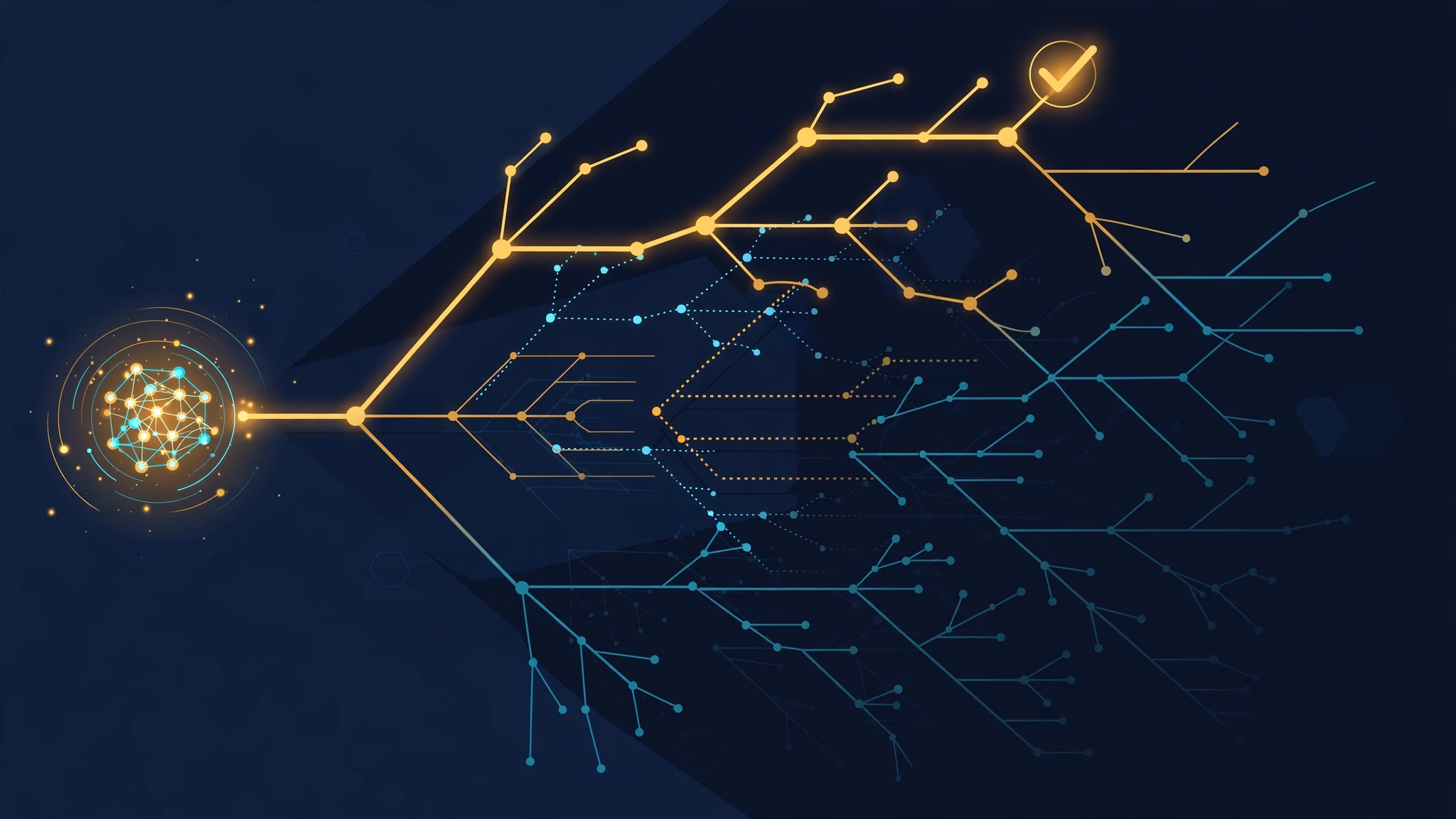 Editorial illustration: a glowing neural-network core generating branching answer paths, with a golden checkmark selecting the strongest branch while weaker paths fade