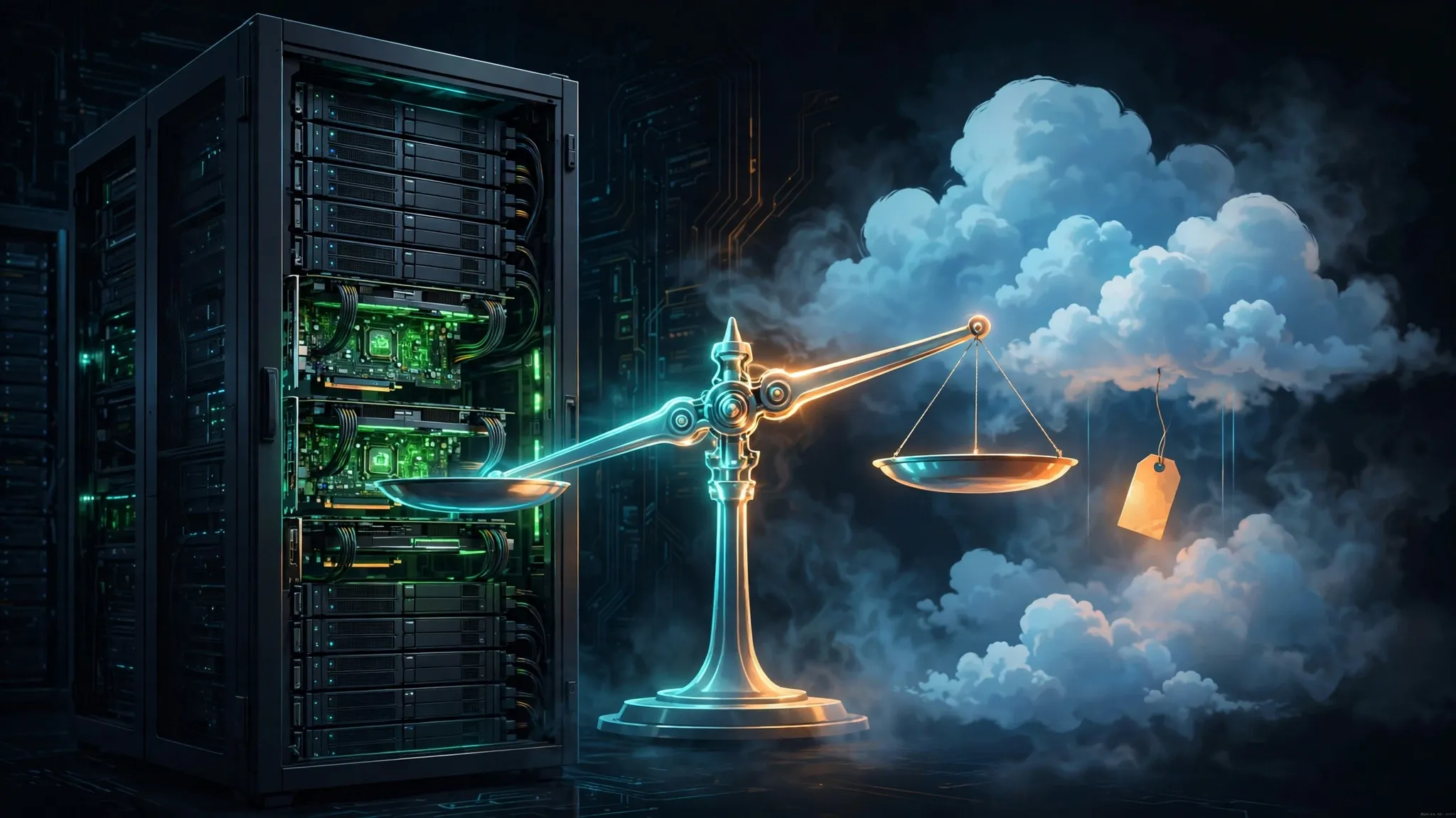 Editorial illustration of a glowing balance scale between a GPU server rack and a cloud, weighing the rent-vs-buy decision