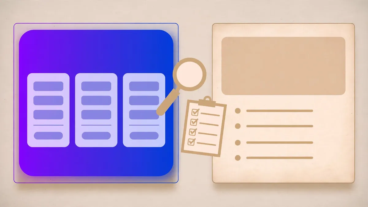 A garish purple-gradient landing page with three identical cards beside a refined warm-paper page with a single list, a magnifying glass and checklist between them