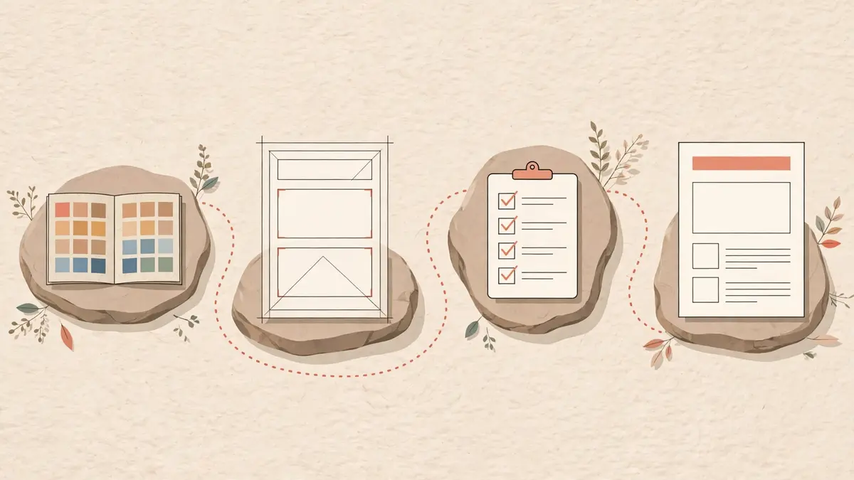 A workflow of stepping stones: a theme swatch book, a page scaffold, a checklist, and a finished page