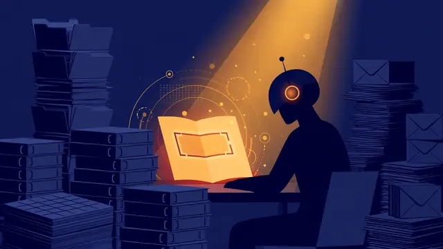 Illustration of an AI agent reviewing stacks of financial contracts with a glowing interface highlighting a redlined clause