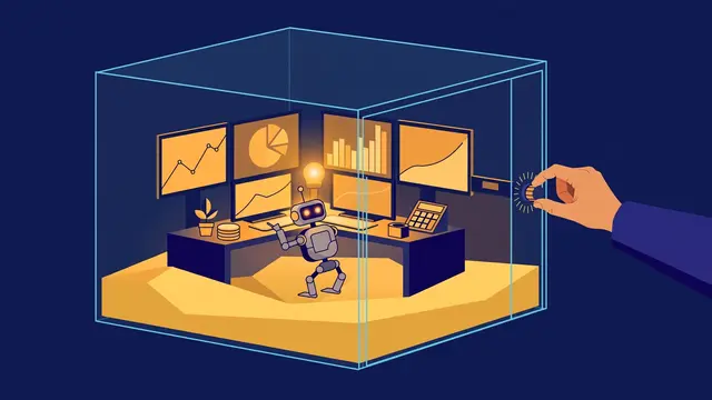 Illustration of a miniature trading desk inside a glass sandbox with a robot agent practicing financial workflows