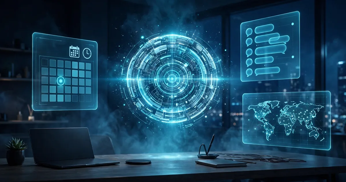 A glowing holographic AI orb above a desk with floating panels showing a calendar, messages and a map — an illustration of Hark's personal-intelligence vision.