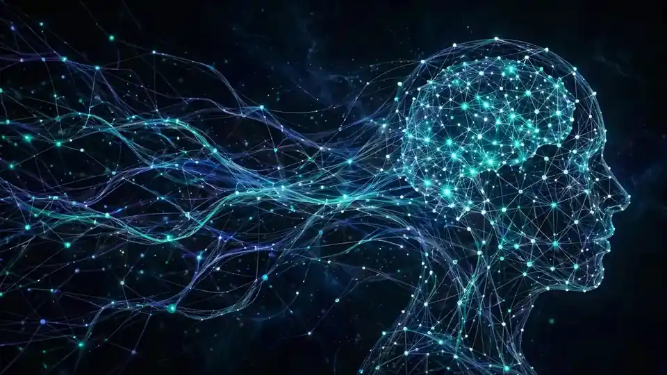 An abstract neural-network visualization of persistent memory, the core of Hark's pitch.