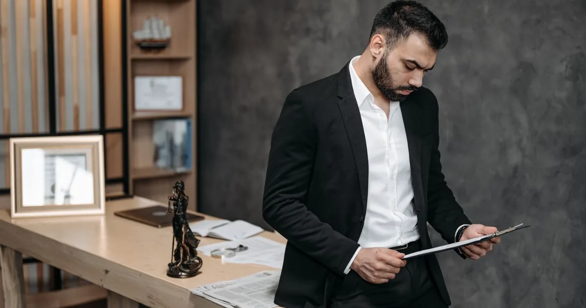 A lawyer in a suit reviewing documents at a desk with a small Lady Justice statuette