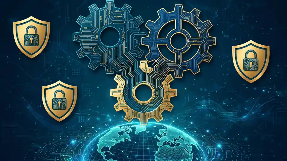 Two interlocking gears over a digital globe, symbolizing a governed AI partnership