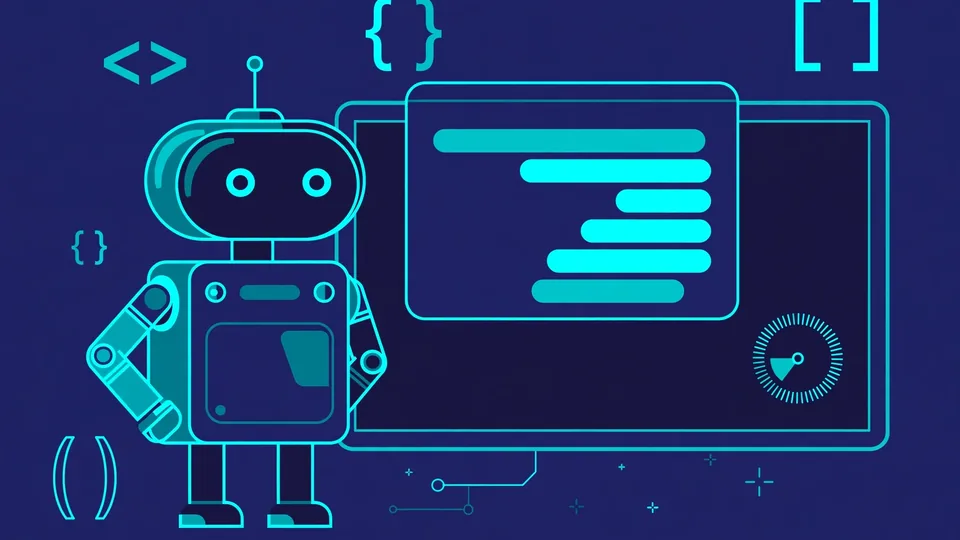 An AI coding agent beside a monitor showing a chat window and a low token-usage gauge