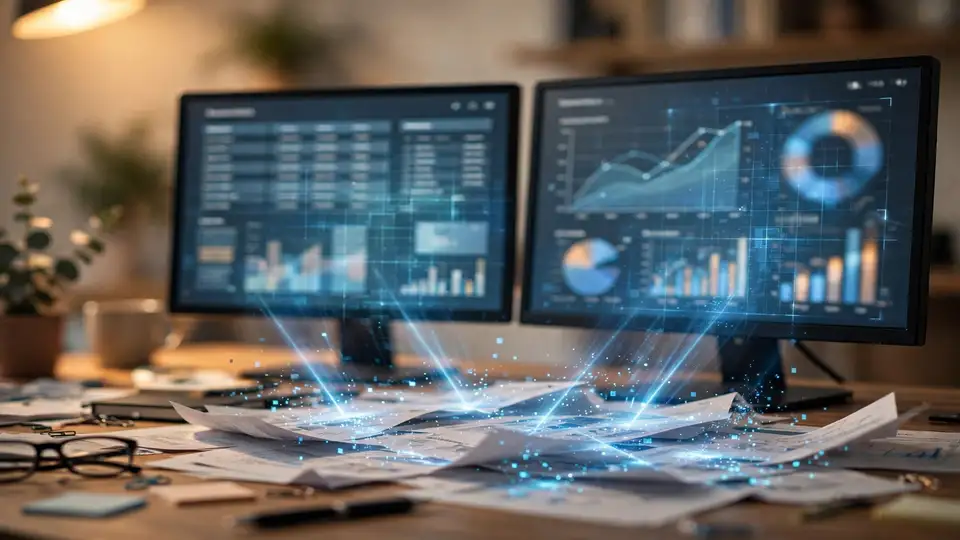 An insurance broker’s desk with AI-assisted document scanning over health plan paperwork