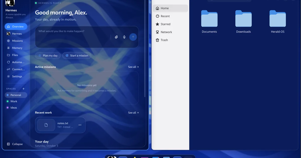 The Herald OS desktop: Hermes greets you on the Overview next to the Files app