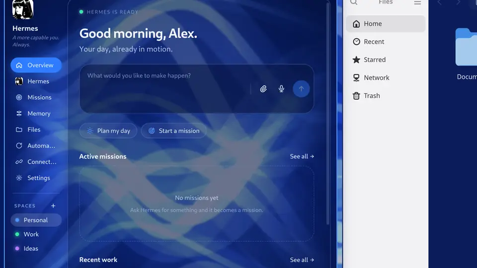 Close-up of the Herald OS Overview: Hermes greeting, prompt box, and active missions