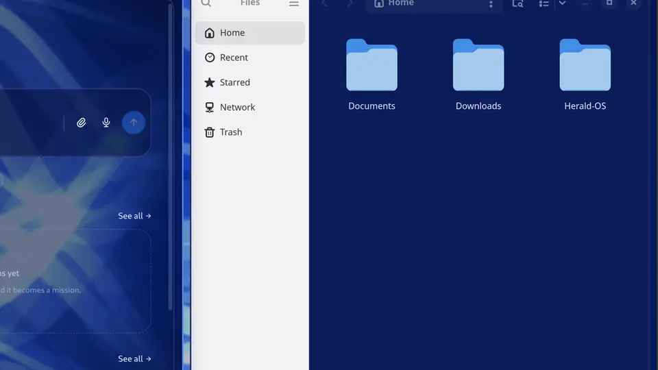 Close-up of the Herald OS Files app with Documents, Downloads, and Herald-OS folders