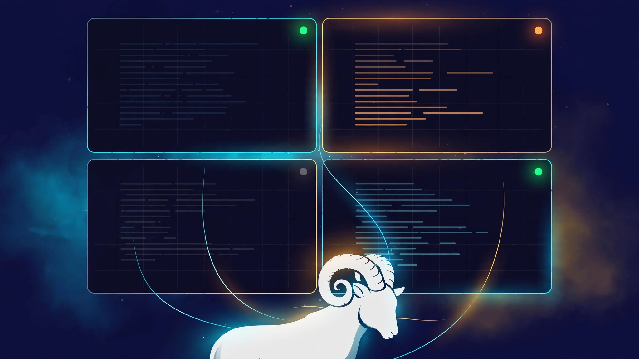 Editorial illustration: a dark terminal split into four glowing panes with agent status dots, guided by a white ram silhouette