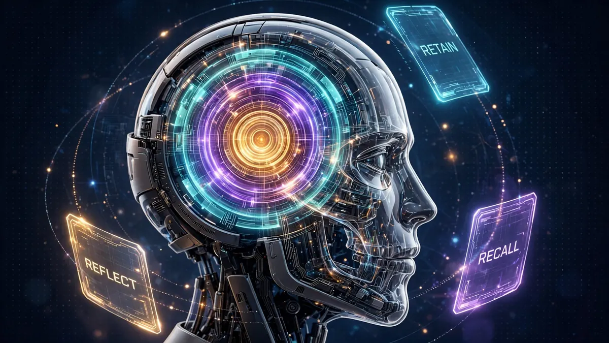 Editorial illustration of a robot head with a glowing layered memory core, surrounded by orbiting fact cards labeled retain, recall, and reflect