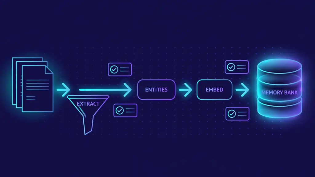 Diagram of the Hindsight retain pipeline: raw text flows through fact extraction, entity resolution, embedding, and storage into a memory bank
