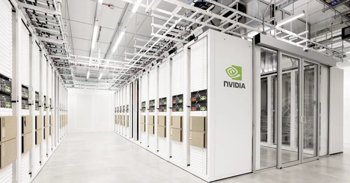 A stream of glowing data bleeding from one server rack into a neighbouring rack in a dark data centre