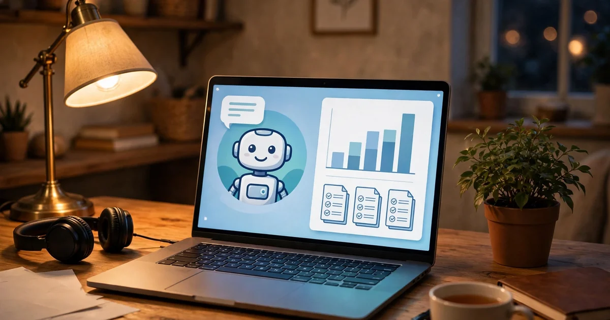 A laptop on a home desk showing an AI assistant helping with documents and a chart