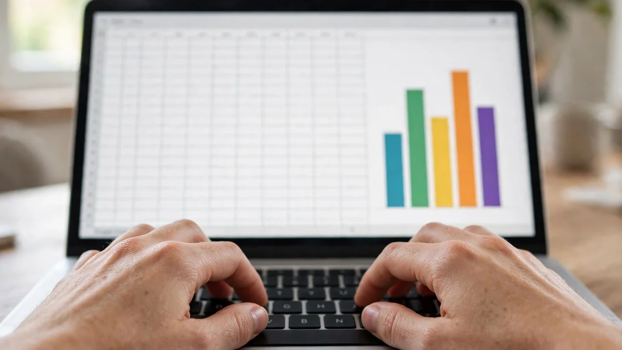 A laptop showing a spreadsheet and a bar chart in a home office