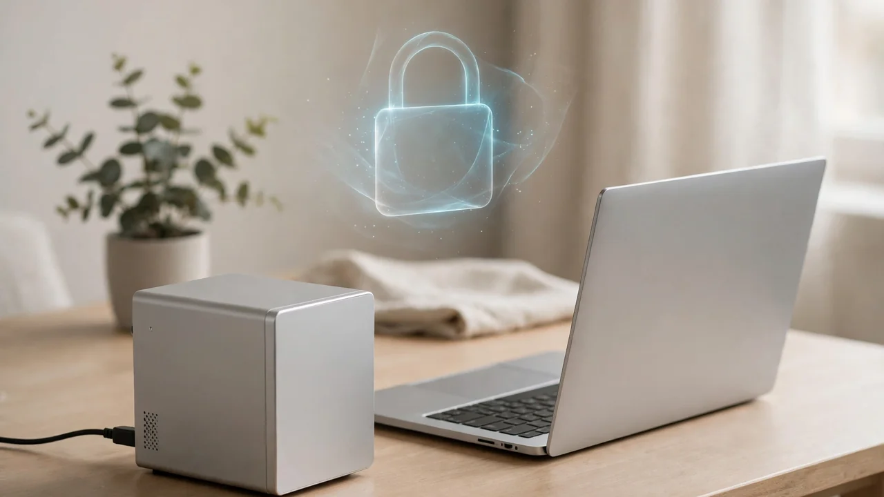 A desktop computer and laptop with a padlock above them, suggesting offline privacy