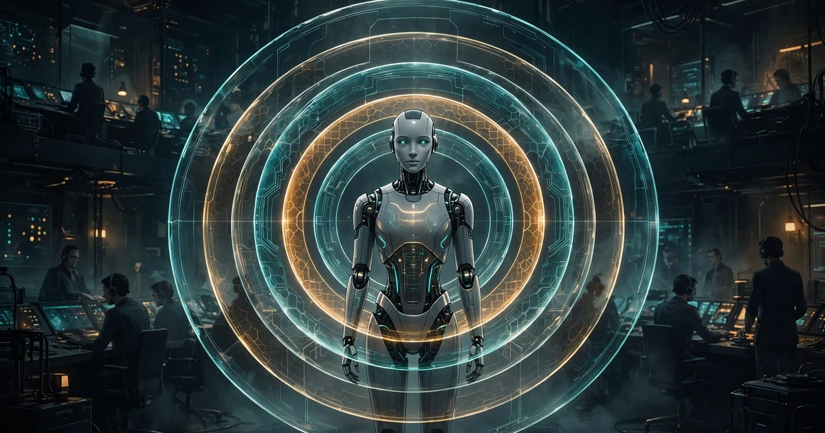 An AI robot encircled by six concentric translucent control layers in a mission-control room