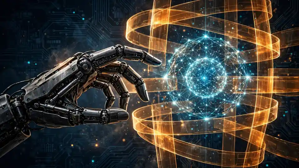 A robotic hand reaching toward a glowing node, wrapped in amber bands of control layers
