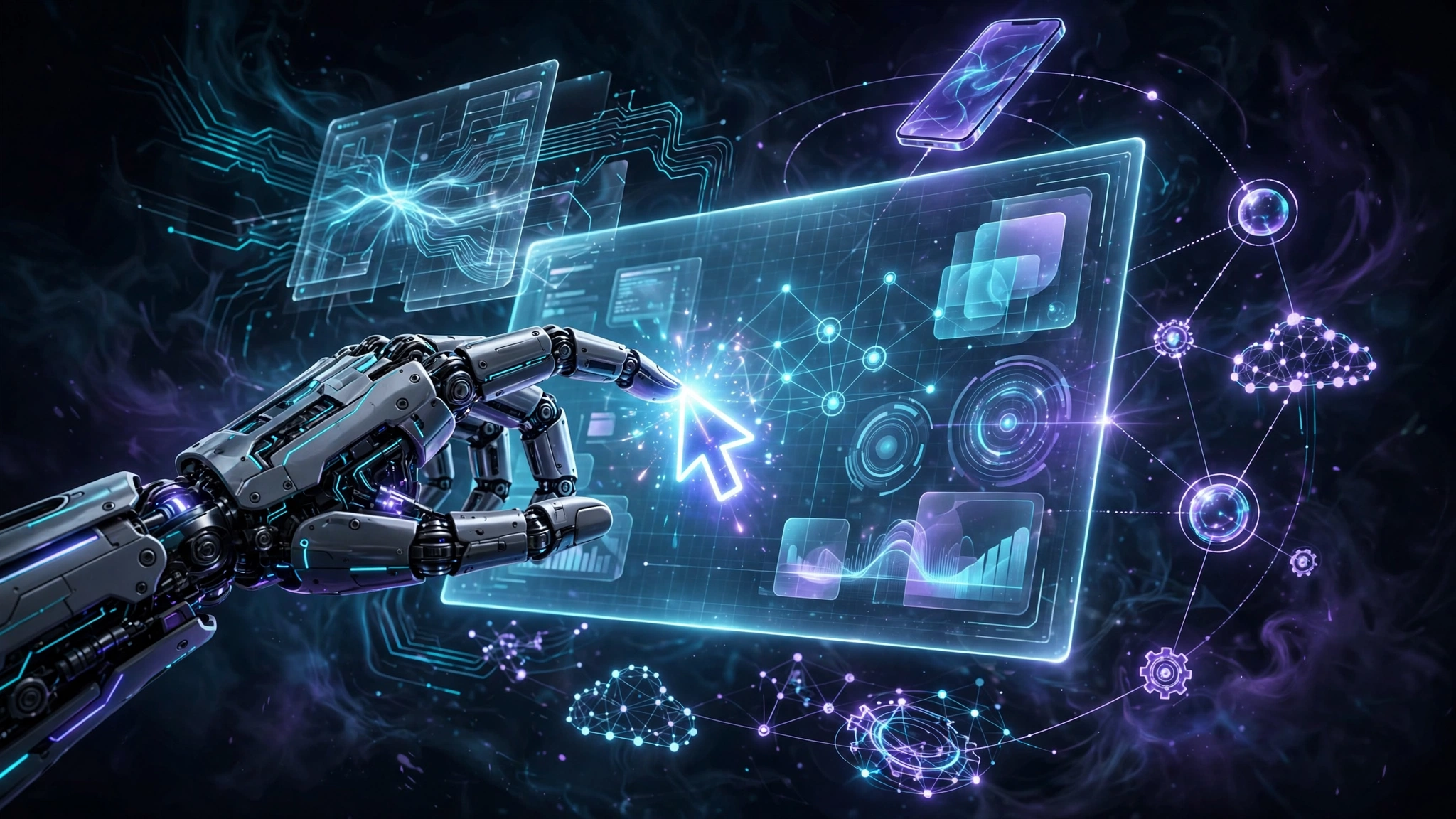 Editorial illustration of a robotic hand guiding a glowing cursor across a holographic desktop with code terminals and API nodes