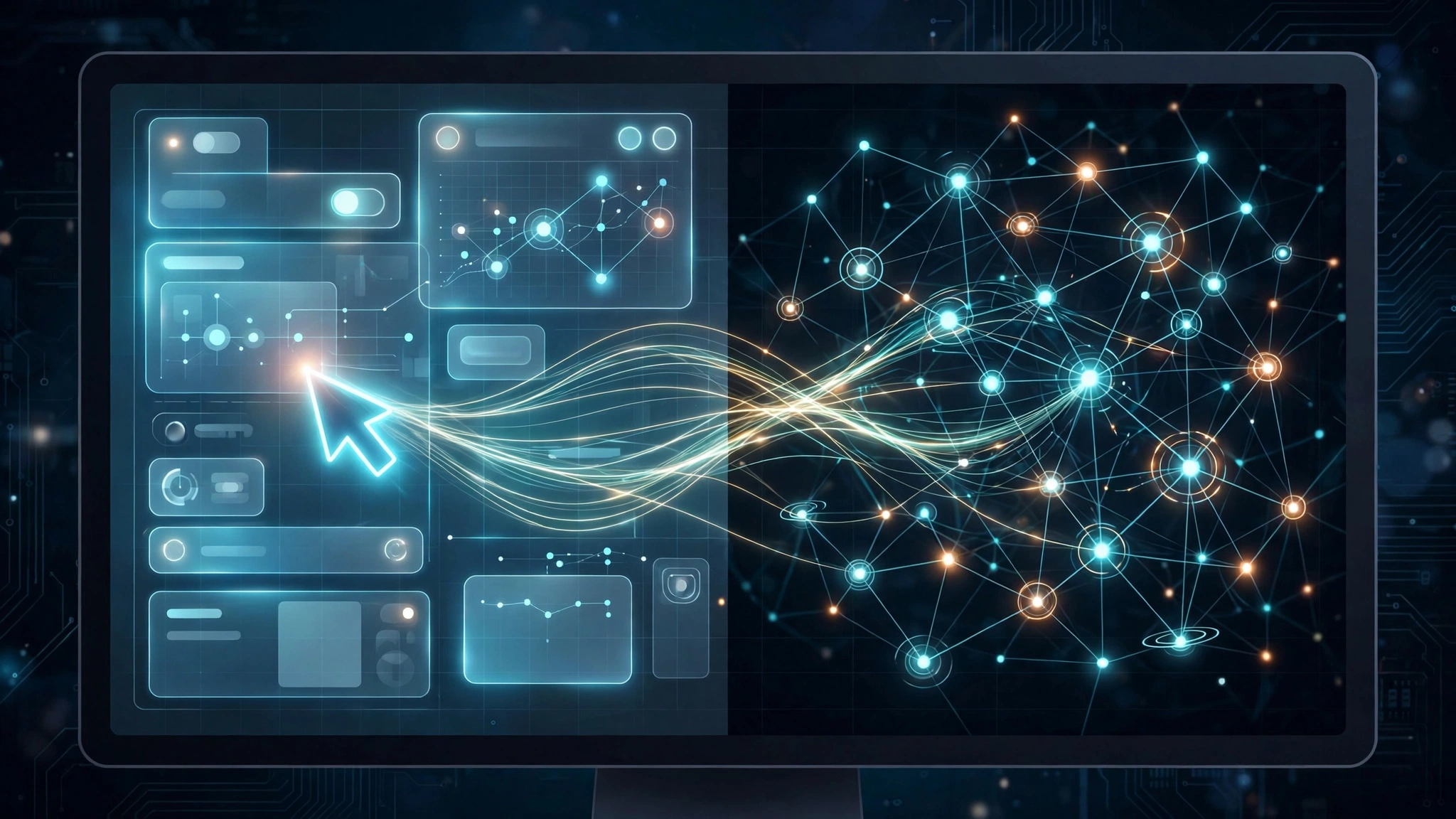 Illustration of a desktop screen with a glowing cursor linked by threads of light to an API network, representing one model using GUIs and code together
