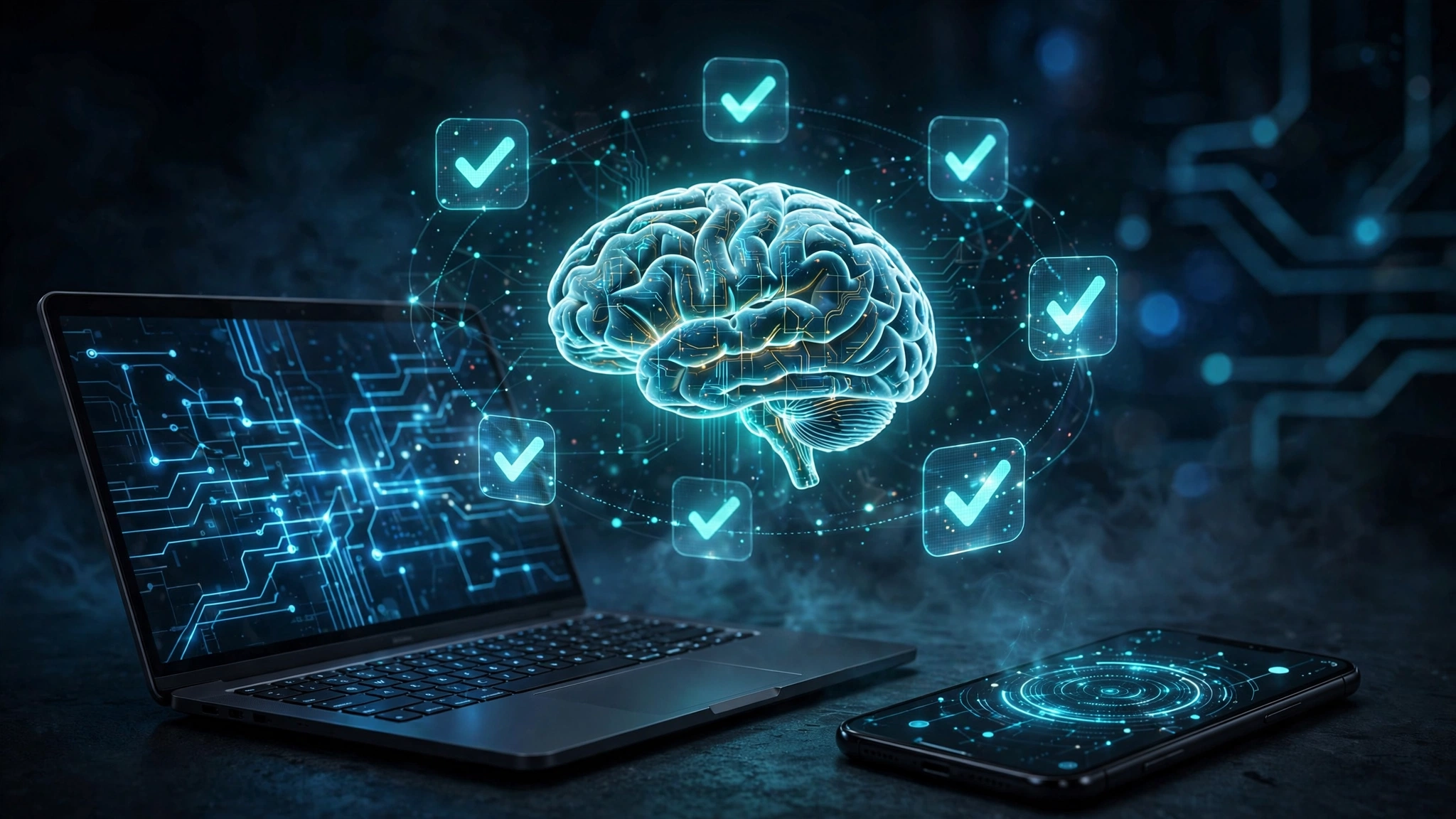 Illustration of a small luminous AI chip brain above a laptop and smartphone surrounded by glowing checkmarks, representing benchmark wins