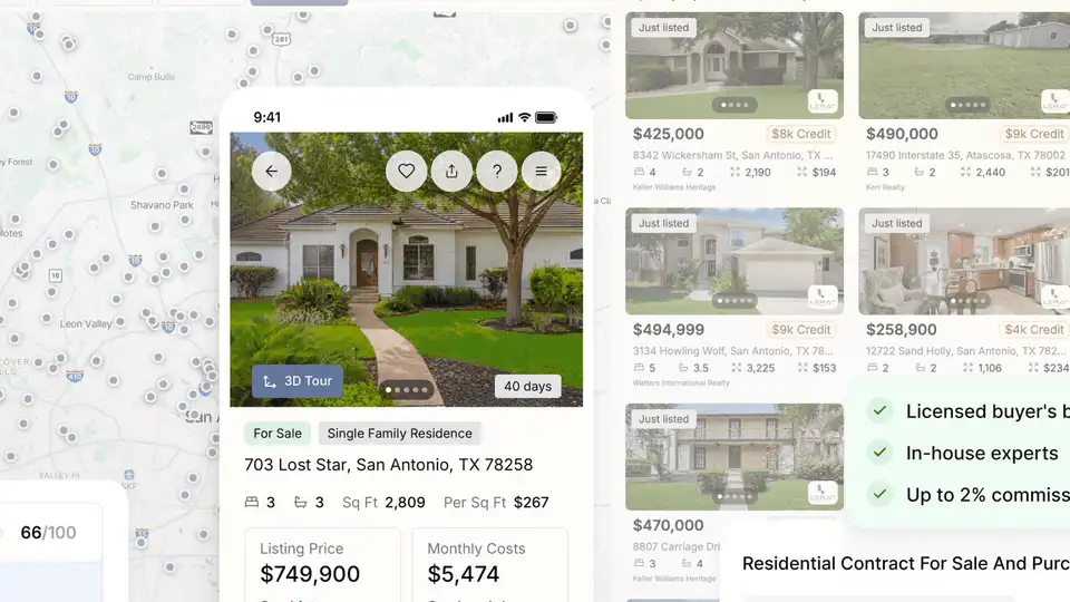 Homa's mobile app showing a San Antonio listing with suggested offer price, monthly costs, and credit badges