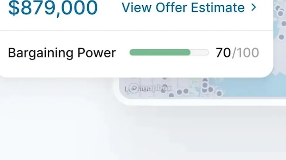 Homa's offer estimate panel showing a bargaining power score of 70 out of 100