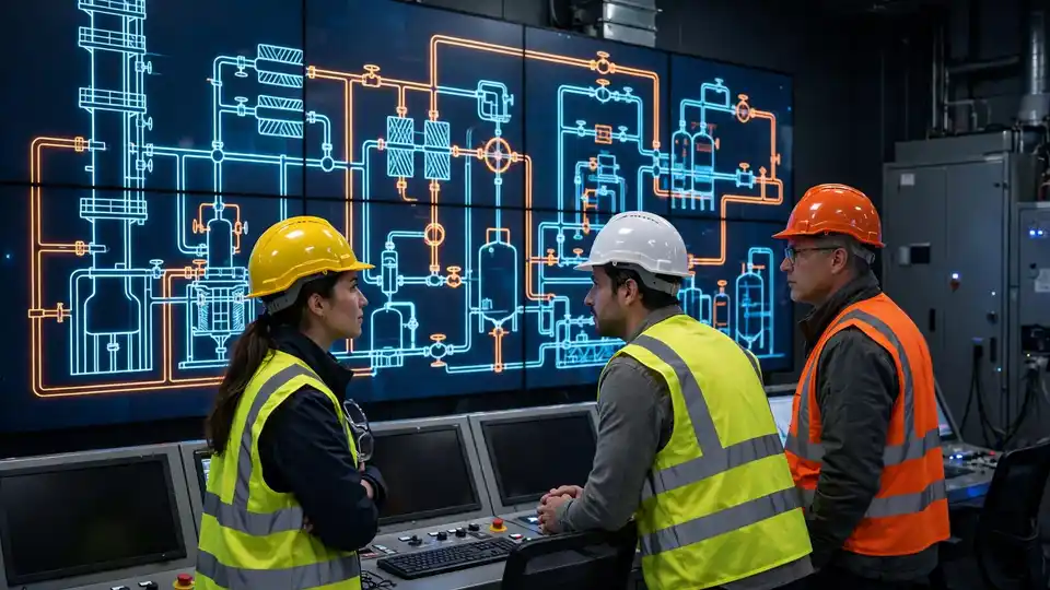 Engineers reviewing a refinery control dashboard