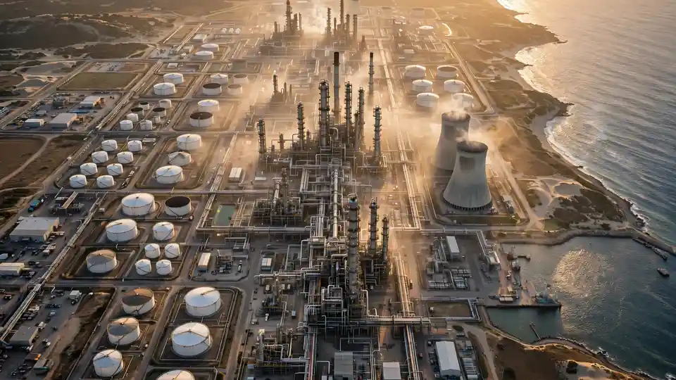 Aerial view of a large refinery complex at dusk