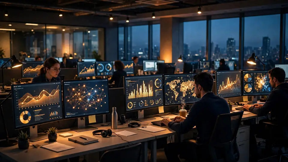 A corporate treasury operations floor where analysts work alongside AI assistants on trading and cash-position dashboards