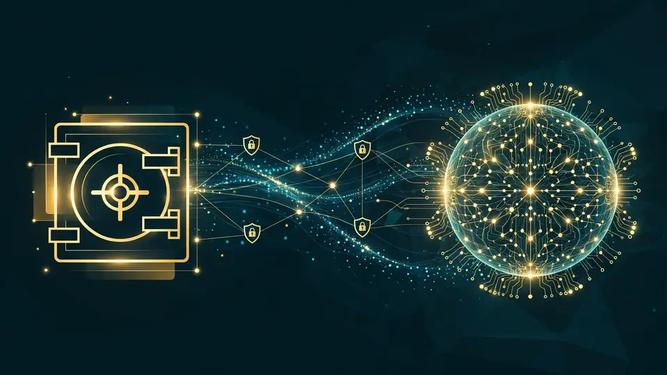 Conceptual network linking a bank vault to an AI core through secure, permissioned connections