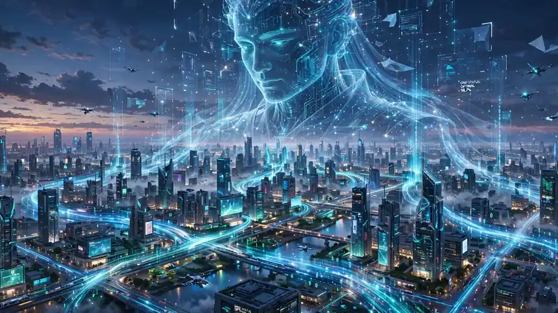 AI-generated illustration of a city super agent overseeing a data-connected city