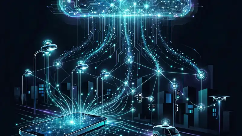 AI-generated illustration of edge-to-cloud device collaboration in a smart city