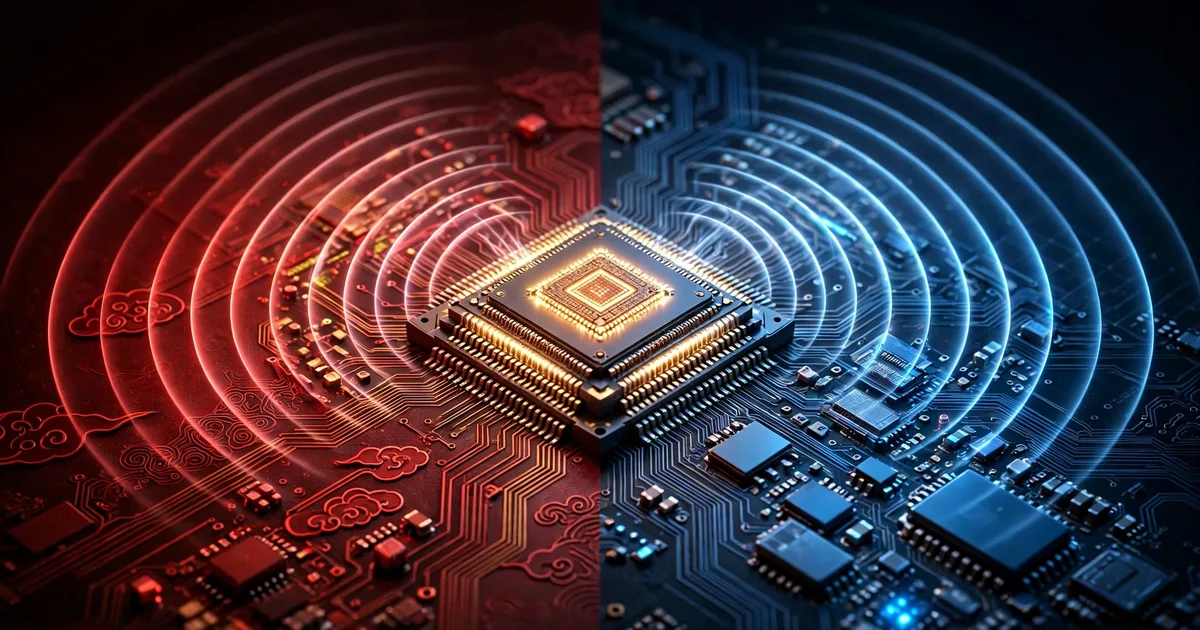 A glowing smartphone microchip with 5G waves radiating outward, in red and blue tones representing Chinese and American technology.