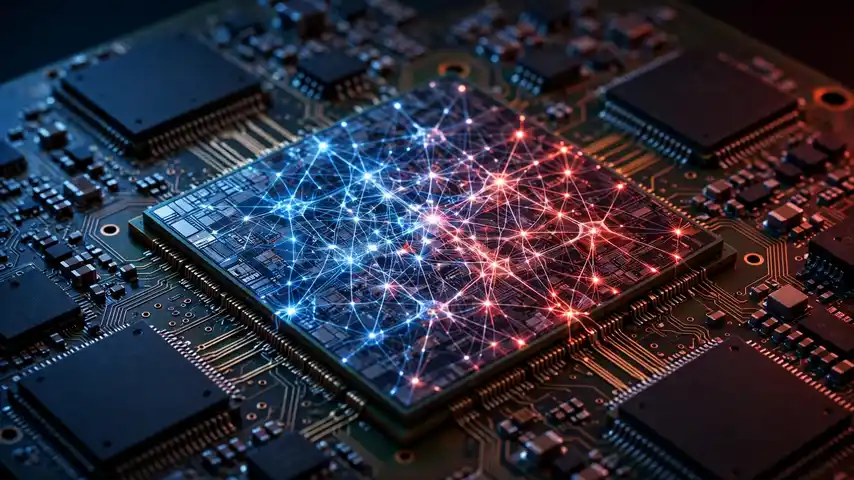 Macro view of silicon semiconductor chips on a circuit board with a glowing AI neural-network pattern overlay.