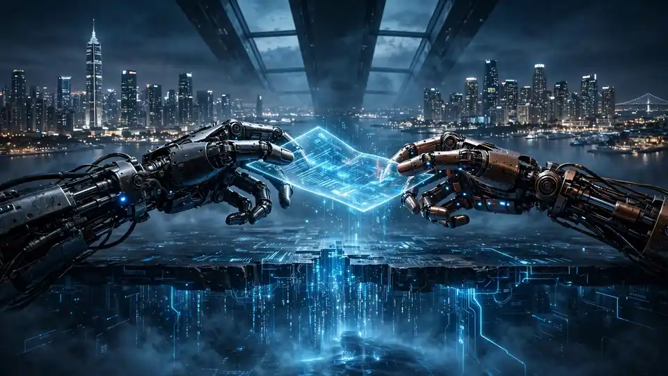 Two robotic hands exchanging a glowing patent document across a digital divide, with city skylines behind them.